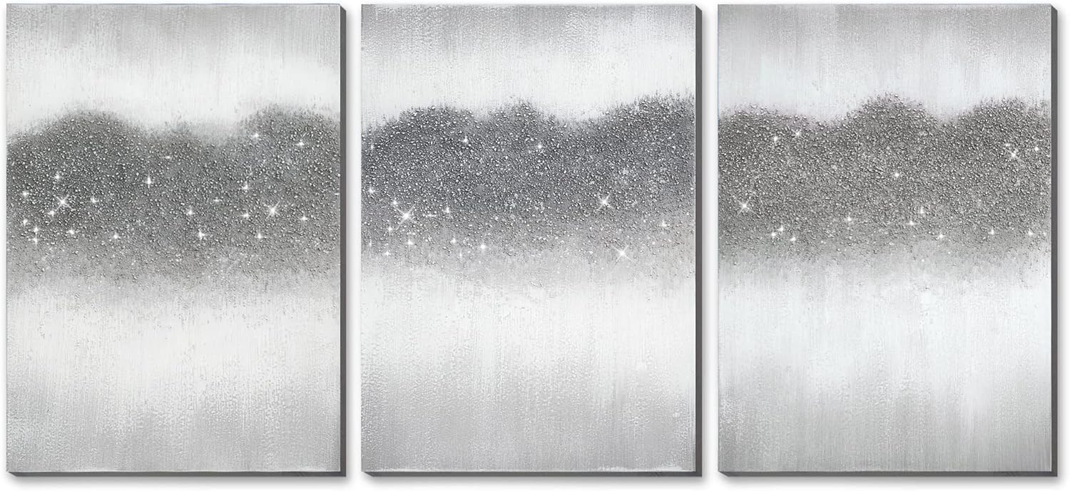 Paintings - Sofoney - 3D Silver Glitter Embellished Gray Abstract Wall Art 100% Hand Brush Glam Canvas Home Decor, Modern Grey White Oil Painting for Living Room Bedroom, 20X30inchx 3 Piece, Ready to Hang