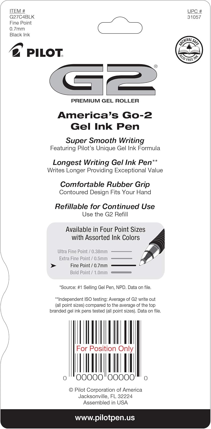 PILOT G2 Premium Refillable & Retractable Rolling Ball Gel Pens, Fine Point, Black Ink, 4-Pack (31057): Office Products