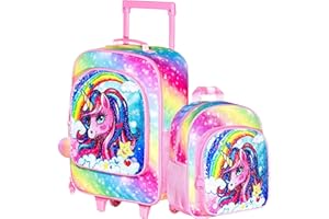 FTJCF 2PCS Kids Suitcase Set for Girls, 18" Cute Rainbow Sequin Unicorn Carry on Luggage with Wheels, Children Travel Rolling with 12" Toddler Backpack