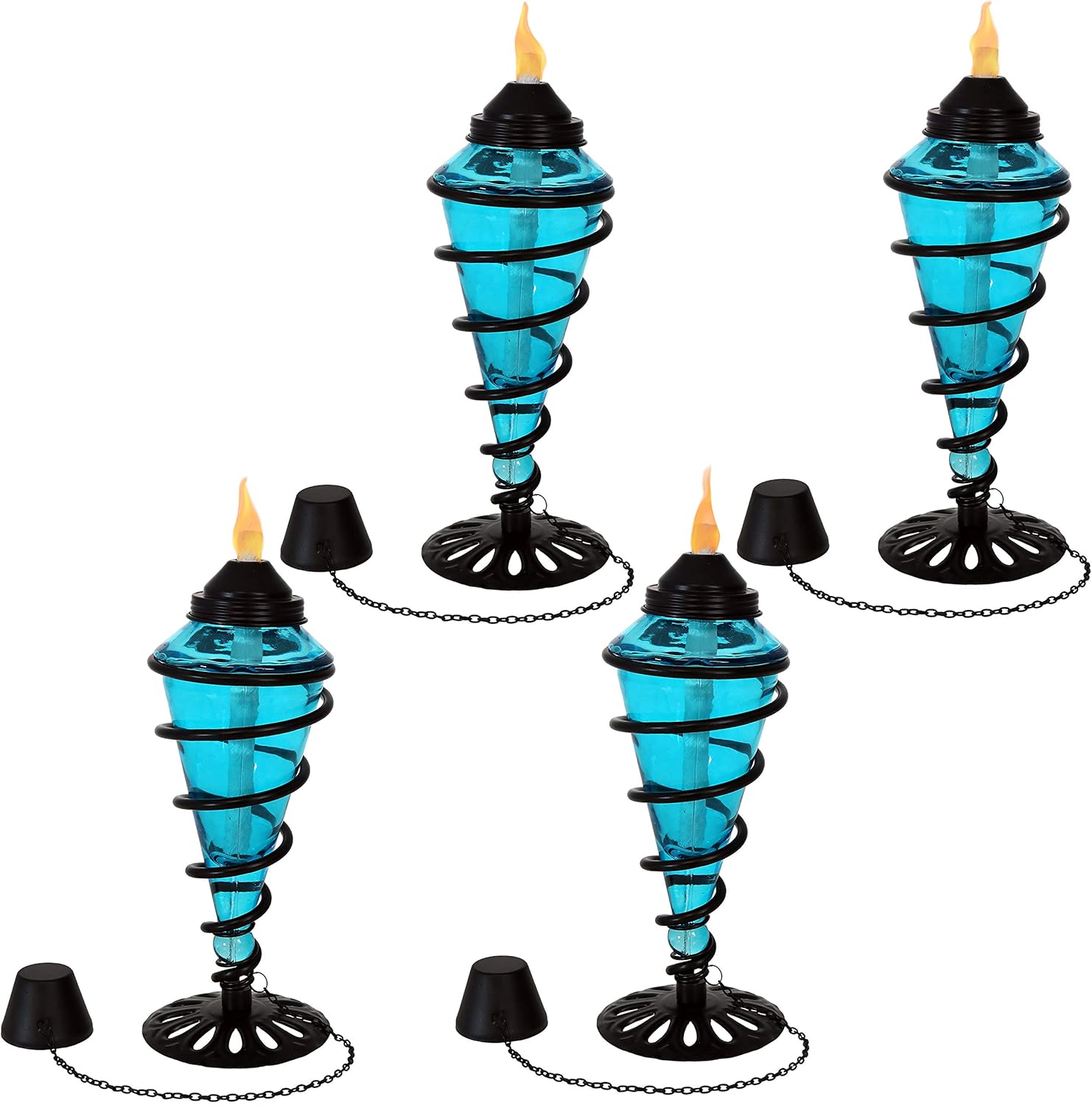 Sunnydaze Swirling Metal with Glass Tabletop Torches, Outdoor Patio and Lawn Citronella Torch, Set of 4, Blue