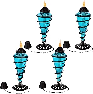 Sunnydaze Swirling Metal with Glass Tabletop Torches, Outdoor Patio and Lawn Citronella Torch, Set of 4, Blue