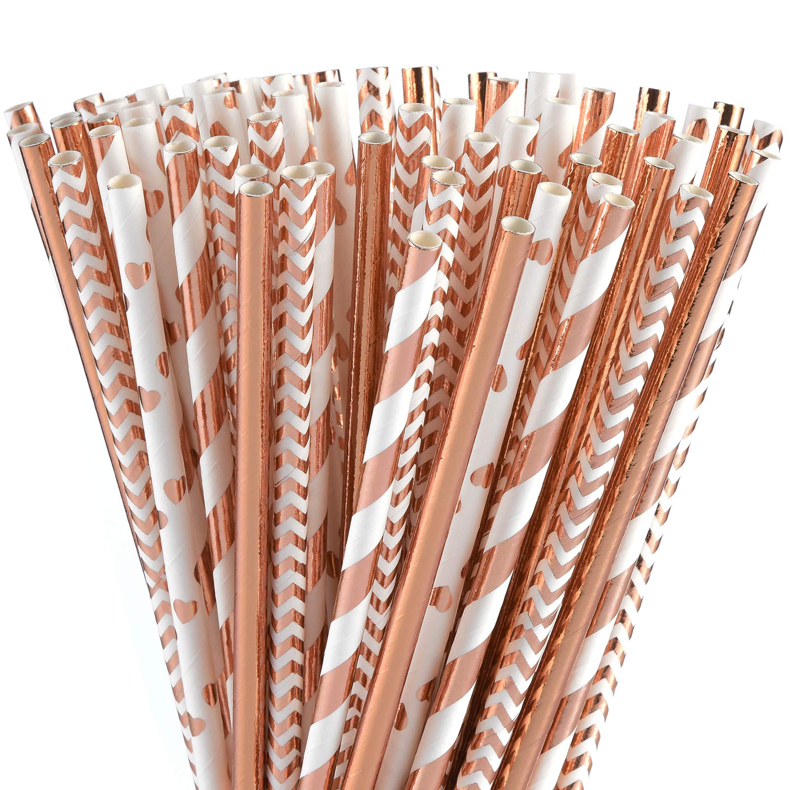 ALINK Biodegradable Rose Gold Paper Straws Bulk, Pack of 100 Metallic Foil Striped/Wave/Heart