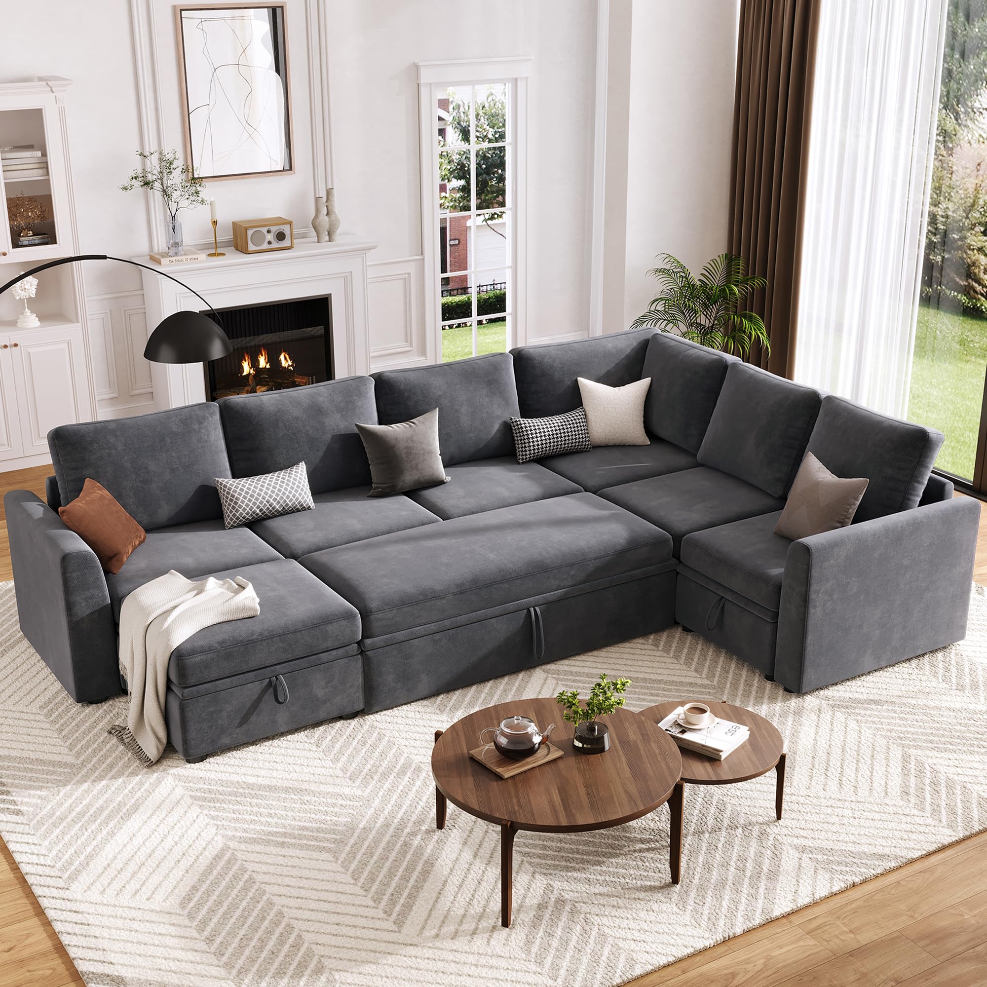 Photo 1 of Garvee Sectional Sleeper Couch with Pull Out Sofa Bed, Chenille Modular Sectional Sofa 6 Seat Couch with Storage Seat & 2 Ottomans, Sectional Couches for Living Room