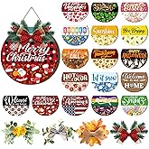 Vicenpal 22 Pcs Interchangeable Welcome Sign for Front Door with 17 Magnetic Icon Wooden Seasonal Front Porch Door Decor with 4 Seasonal Wreaths for Holiday Halloween Christmas Gift (Blue,Rustic)