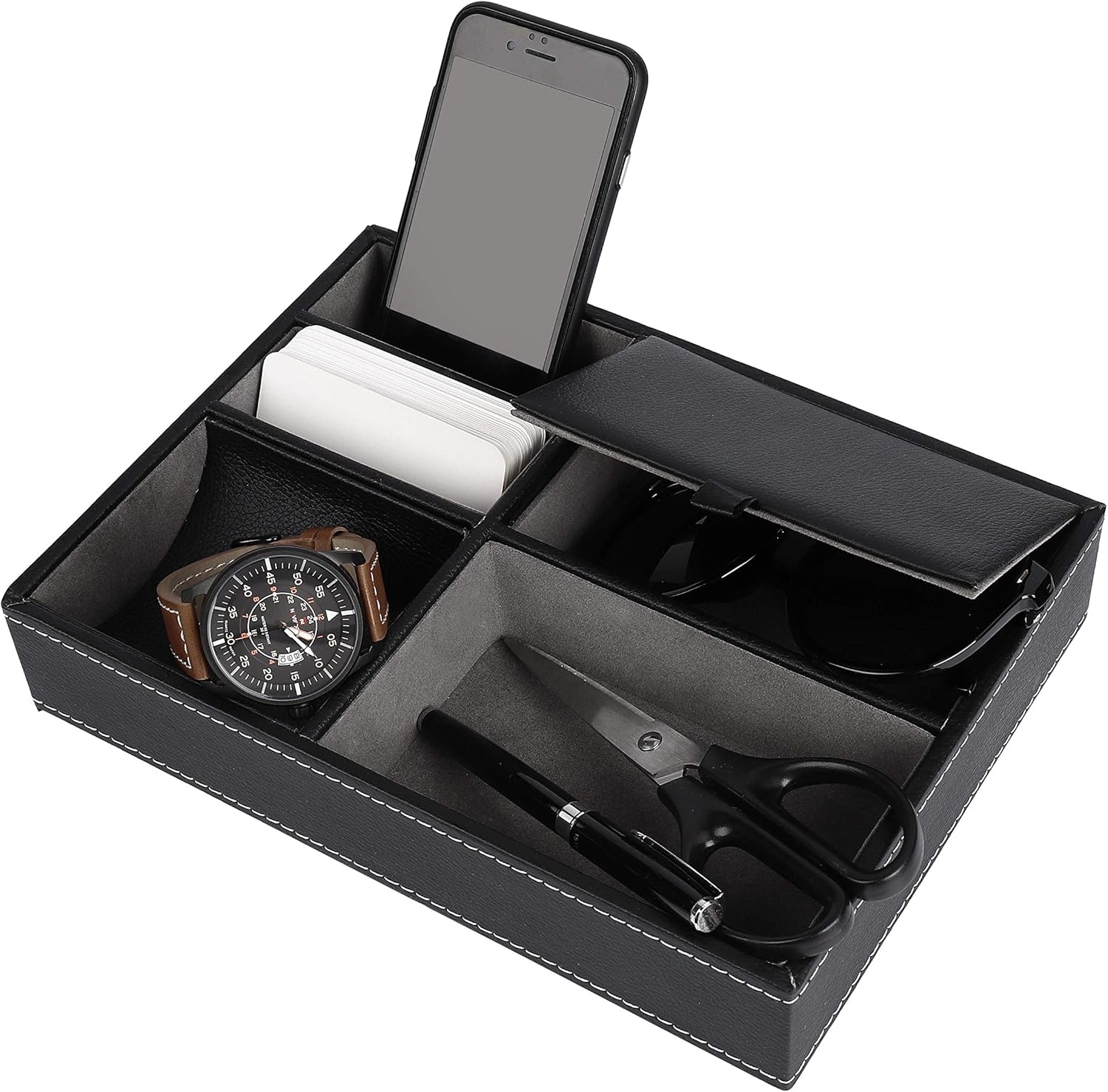 ISIYINER Valet Tray Faux Leather Nightstand Organizer for Men, Desk or