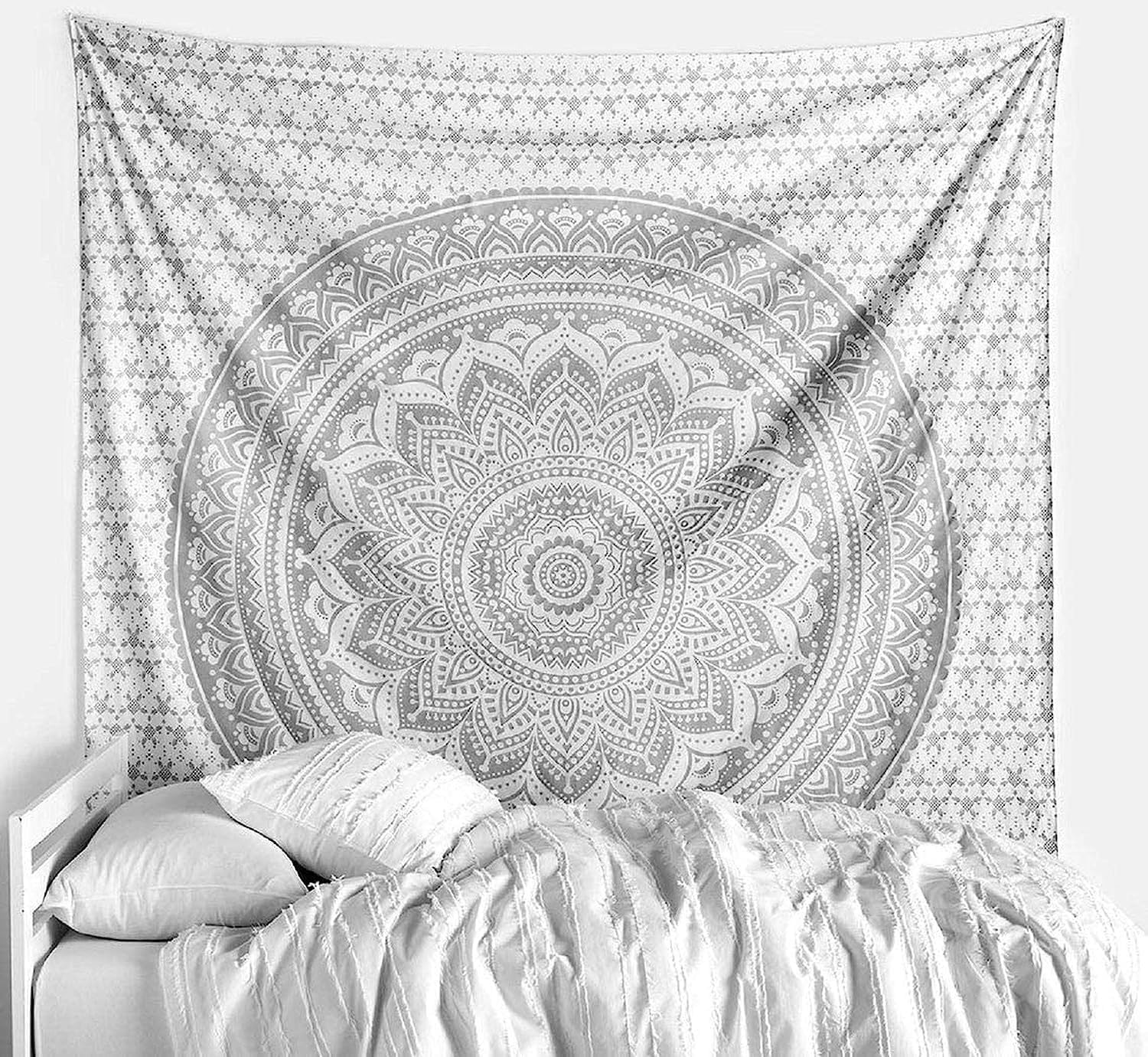 Tapestries - THE ART BOX Hippie Mandala Wall Hangings Medium Tapestry Silver and White - Indian Cotton Beach Wall Blanket, Bohemian Decor Tapestrys - Bedroom Aesthetic Tapestries - 60x54 inch