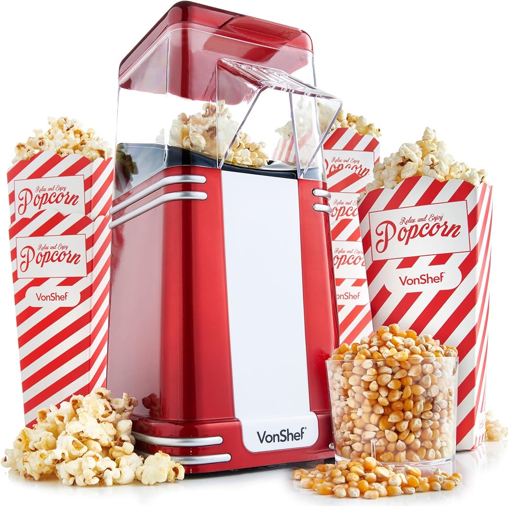 VonShef Popcorn Machine Retro 1200W Air Popcorn Maker Red