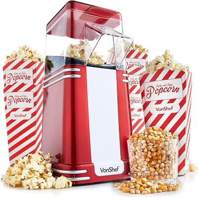 VonShef Popcorn Machine Retro 1200W Air Popcorn Maker Red