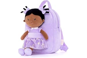 Onetoo Toddler Kids Backpack with Soft Tanned Baby Dolls in Purple Star Dress 9.5"