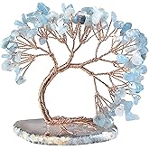 TUMBEELLUWA Reiki Crystal Money Tree with Agate Slice Base Feng Shui Stone Bonsai Tree Figure Decor for Happiness Good Luck and Wealth, Aquamarine