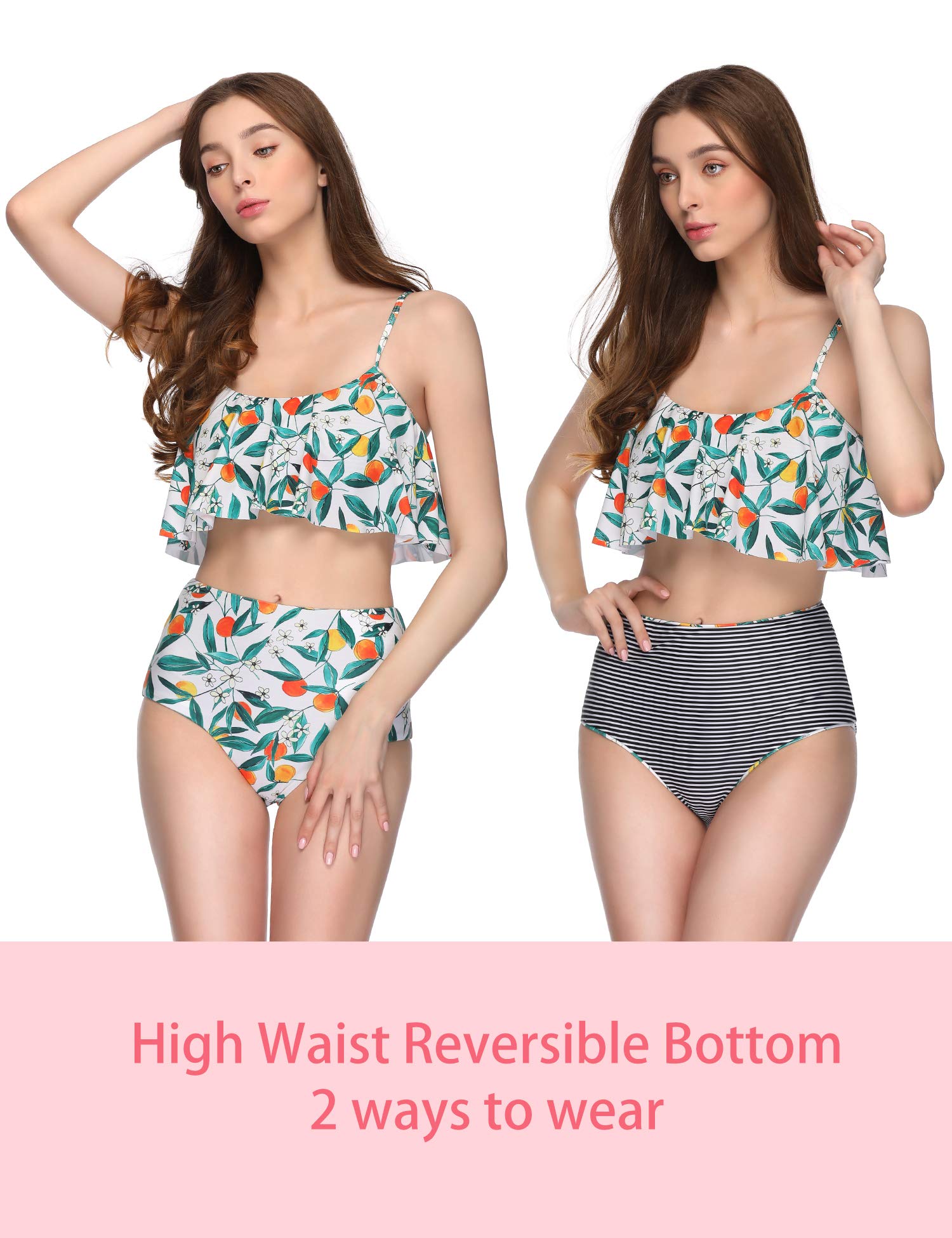 Verano Playa Swimsuits Women Floral Print Tiered Top High Waisted Bottom Two Piece Bikini Set Bathing Suit