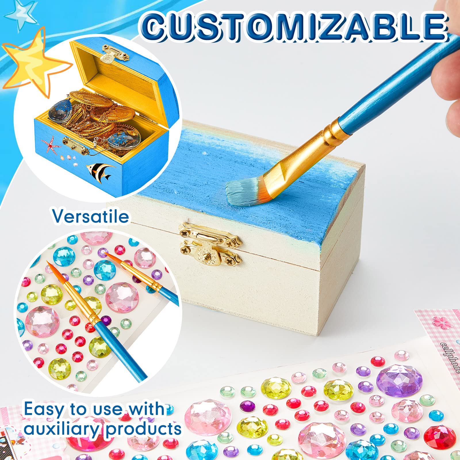 Leinuosen 15 Pcs Small Wooden Boxes with Hinged Lids 3.5 x 2.2 x 1.9 Inch Unfinished Wooden Treasure Chest Box 10 Pcs Paint Brushes with 2 Sheets Craft Gems Self Adhesive Rhinestones Stickers
