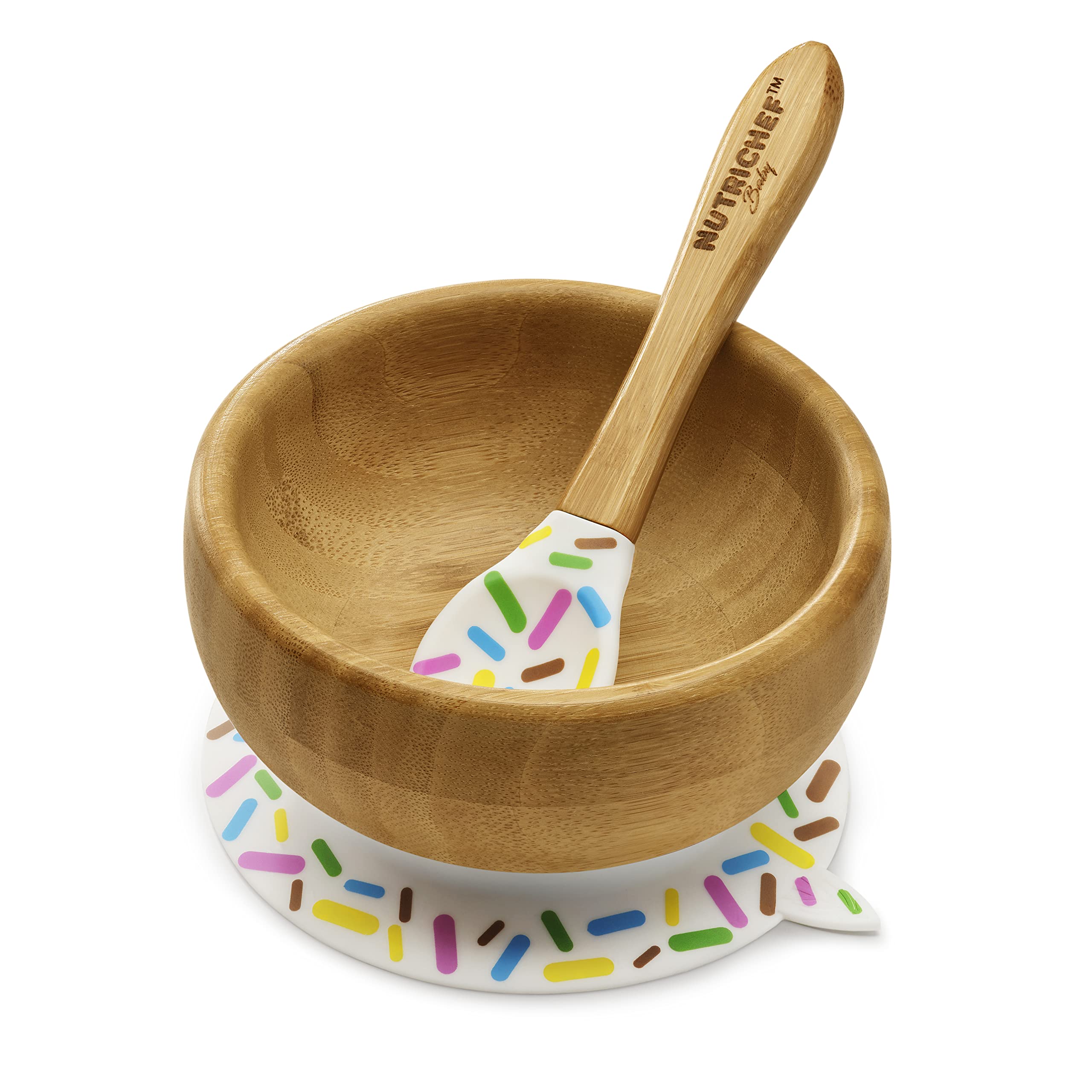 NutriChef Bamboo Baby Feeding Bowl - Wooden Infant Toddler Dish and Spoon Set w/Silicone Suction Base for Stay Put Eating, For Children Aged 4-72 Months (Sparkle)