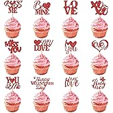 24Pcs Valentine's Day Cupcake Toppers, Red Heart Glitter Cupcake Picks, Sweet Party Cake Decorations for Valentine's Day, Weddings and Proposals