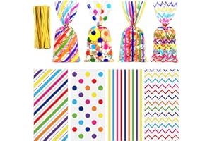 Aneco 100 Pack Rainbow Cellophane Bags 10.6 x 5.1 Inch Plastic Candy Bags Gift Bags Goodie Bags with Twist Ties for Valentine, Birthday, Gift Cookie Snack Packing Party Favor Supplies