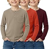 LessonZoo 3 Pack Boy's Henley Long Sleeve Shirts Waffle Thermal Tops 5-14 Years Kids Casual Sport Sweatshirts with Pocket