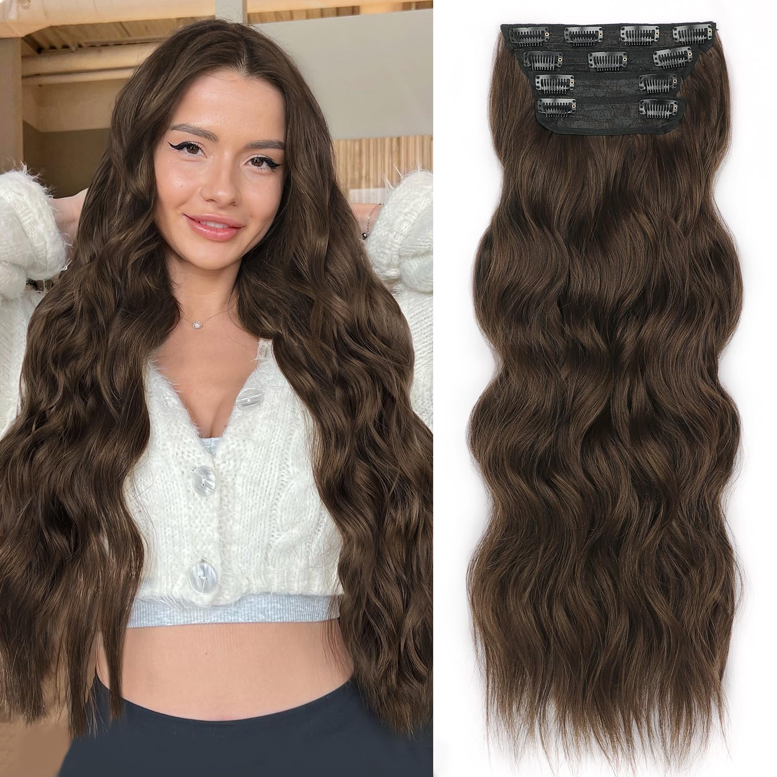Photo 1 of *MINOR DAMAGE - USED*
ALXNAN Clip in Hair Extensions for Women,Chocolate Brown with Dark Brown Long Wavy Hair Extensions Clip Ins 4PCS 24 Inch Synthetic Soft and Natural Thick Hair Pieces for Women