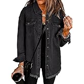 Vetinee Women’s Oversized Button Up Frayed Hem Shacket Long Sleeve Pockets Denim Jean Jacket