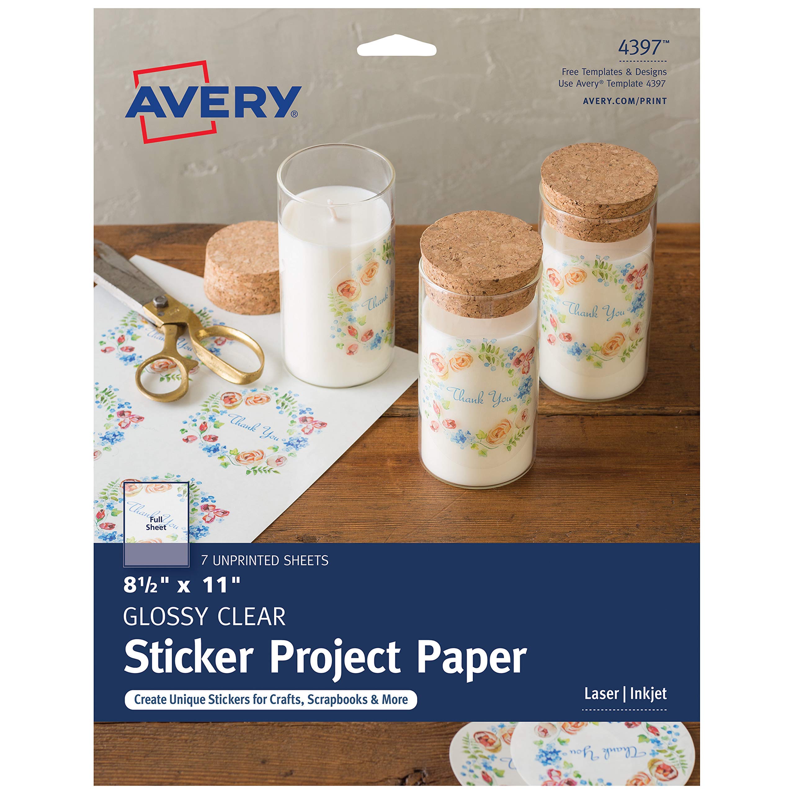 Printable Sticker Paper, Glossy Clear, 8.5" x 11", Laser & Inkjet Printers, 7 Sheets