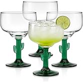 Libbey 3620JS Cactus Margarita Glasses Set of 4, Durable Green Stemmed Cocktail Glasses, 16 Oz Clear Bowl Lead-Free Cactus Glassware