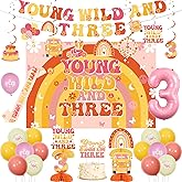 JOYMEMO Young Wild and Three Party Decorations, Boho Groovy 3rd Birthday Decorations Girl, Included Backdrop Banner Sash Centerpieces Cake Topper and Balloons for Retro Hippie Party Supplies
