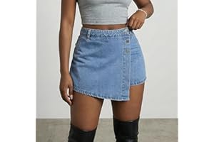 High-Waisted Denim Skort for Women Asymmetrical Wrap Button Casual Stretchy Jean Skort