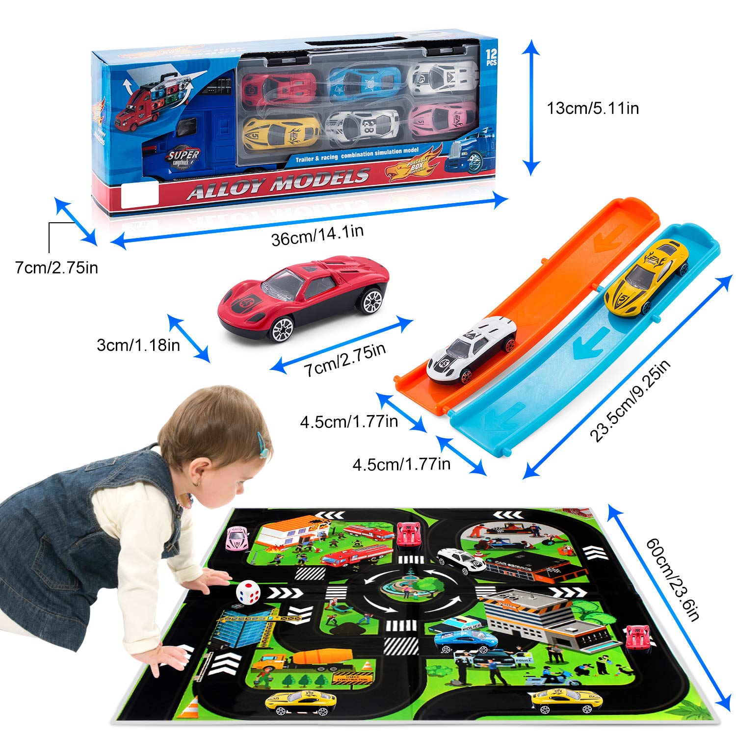 TAODUDU Kids Truck Transport Car -17 PCS Toy Car with Track Container Truck Toy Set , Activity Game Pad Dice and Alloy Race Model Transport Toys Cars for Kids , Boys & Girls