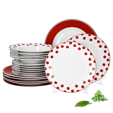 Van Well 18-teiliges Teller-Set Funny Red I edle Porzellan-Teller für 6 Personen I 6 Flache Speiseteller + 6 Tiefe Suppentell