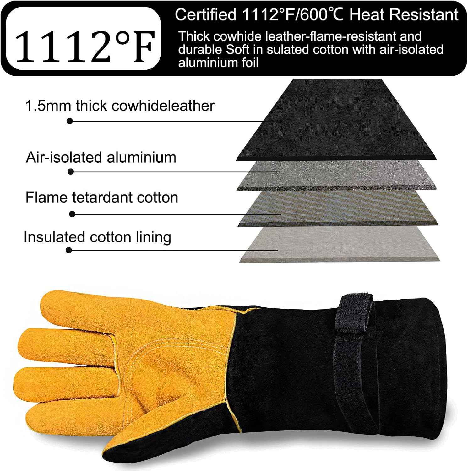 Welding Gloves, Cuwiny 1112°F Heat/Fire Resistant/Leather Forge Gloves, with Kevlar Stitching String, 16 inches Extra Long Sleeve and Fireproof Hook and Loop Tape,fit for Mig/Tig: Clothing