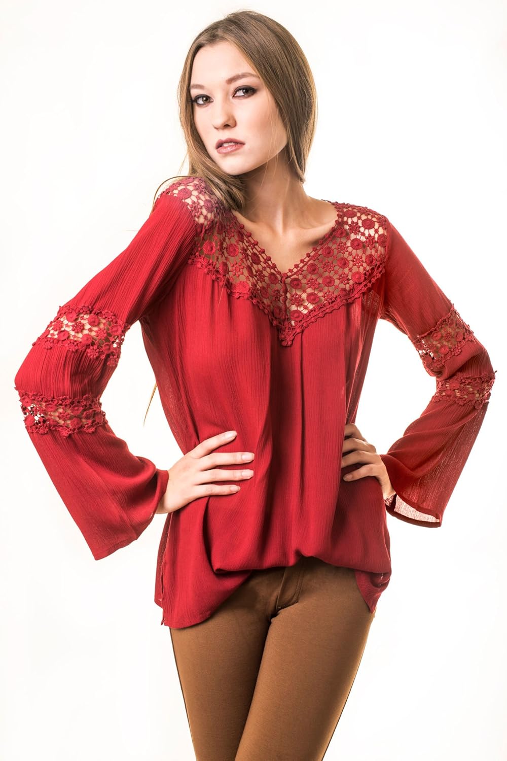 ICONOFLASH Women's Crimson Chiffon Bell Sleeve Blouse, Large at Amazon Womenâs Clothing store