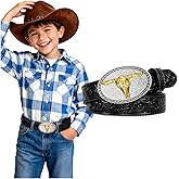 SANSTHS Kids Western Belt for Boys Girls Genuine Leather Cowboy Cowgirl Belts with Detachable Buckle for Jeans Western Gifts
