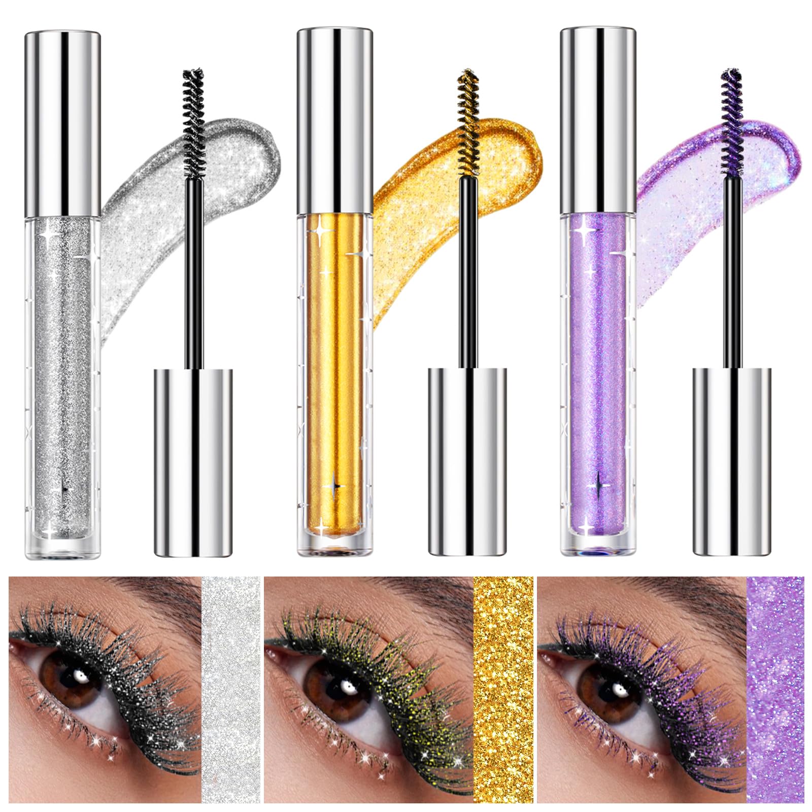 LOPHE Glitter Mascara, 3Pcs Sparkling Diamond Mascara Set, Long-Lasting Waterproof Shiny Eyelash Mascara, Metallic Lash Mascara, Glitter Gold & Silver & Purple Eye Makeup Gift for Party, Christmas