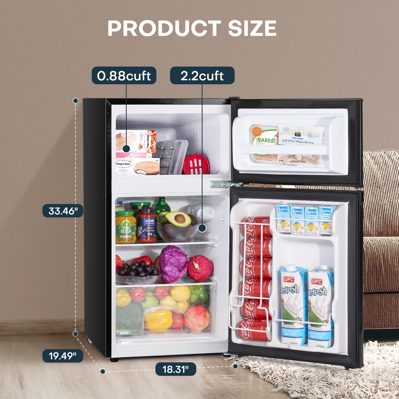 Upstreman 3.1 Cu.Ft Mini Fridge with Freezer, Double Door Small Fridge, Dorm Essentials, Adjustable Thermostat, Energy Saving, Mini Refrigerator for Office, Dorm, Bedroom, Black