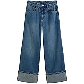 CIDER Women’s Baggy Jeans Straight Wide Leg High Waisted Fold Hem Denim Pants with Pockets