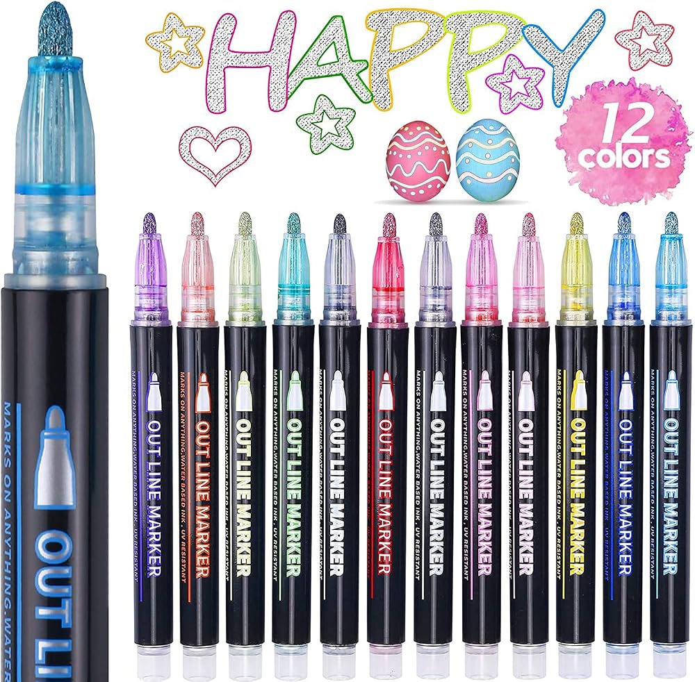 ECtury Glitter Outline Pens 12 Pack for Kids Girls Arts Crafts