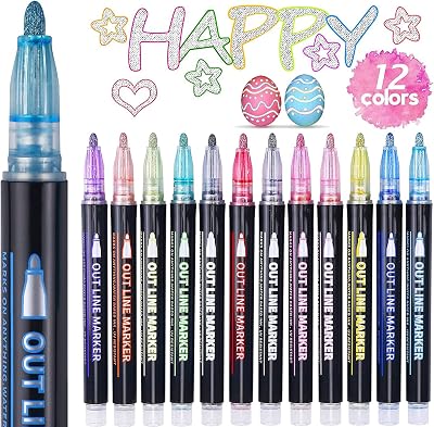 ECtury Glitter Outline Pens 12 Pack for Kids Girls Arts Crafts
