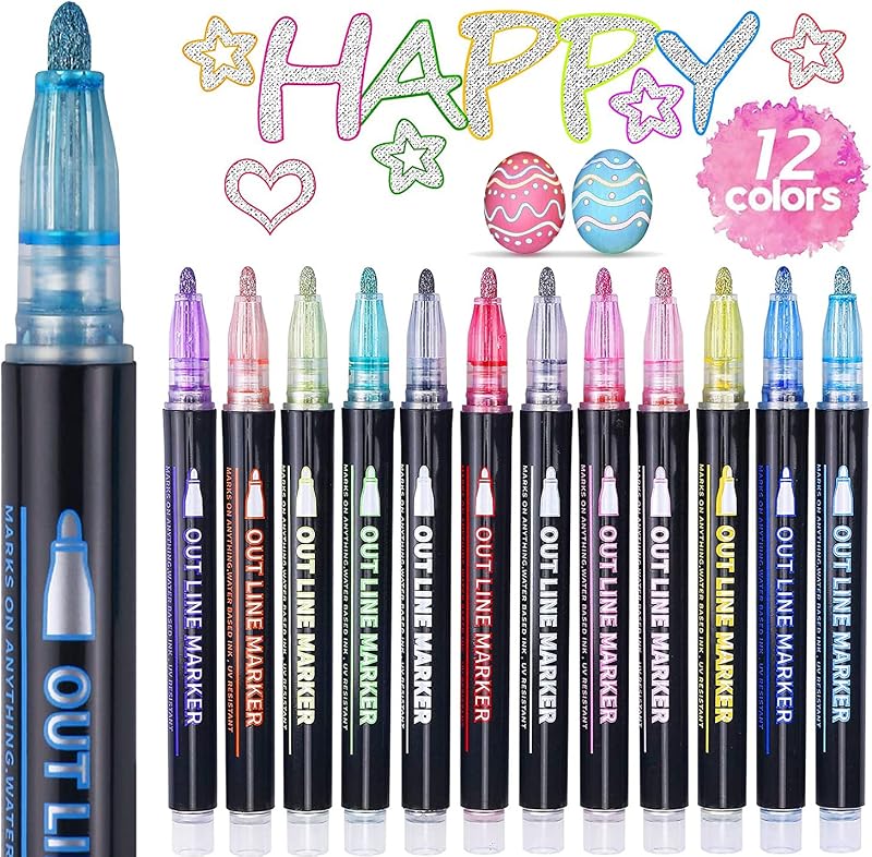 ECtury Glitter Outline Pens 12 Pack for Kids Girls Arts Crafts
