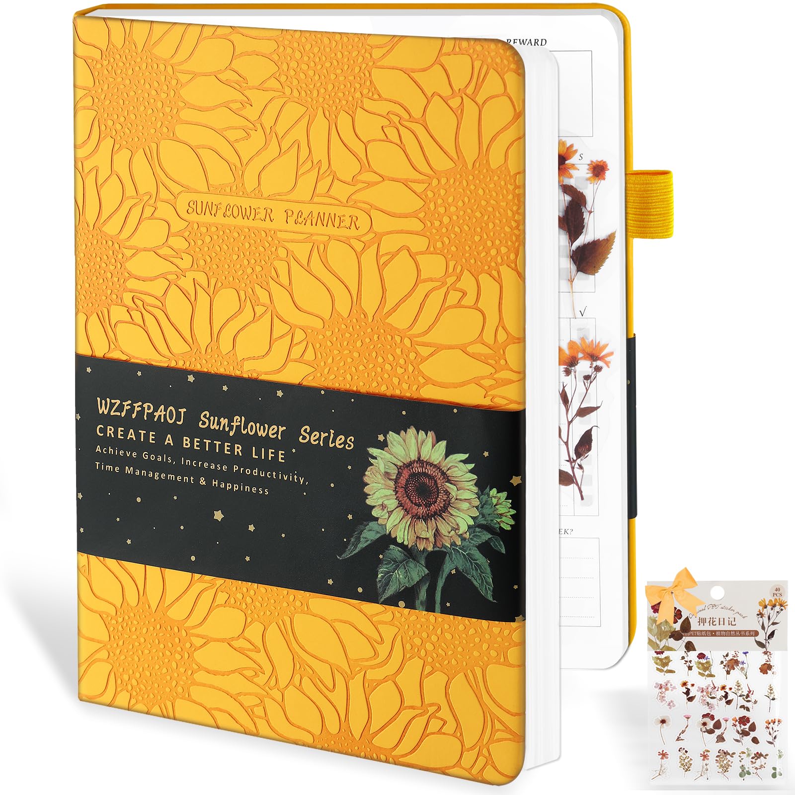 Undated Luxurious Weekly & Monthly Planner to Increase Productivity Hit Your Goals & Live Happier, Organizer Notebook Gratitude Journal – Time Management – Start Anytime, A5, Lasts 1 Year, Sunflower