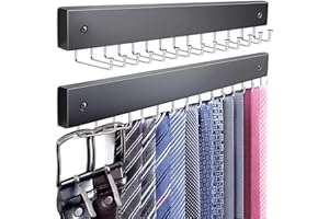 KEOAMG 2Pack Tie Rack Wall Mounted, Wooden Belt Hanger Tie Organizer for Men with 28 Folding Hooks, Space Saving Tie Holder a