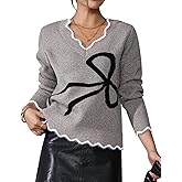 Pink Queen Women 2025 Chic Bow Sweater V Neck Long Sleeve Pullover Knitted Casual Jumper Tops