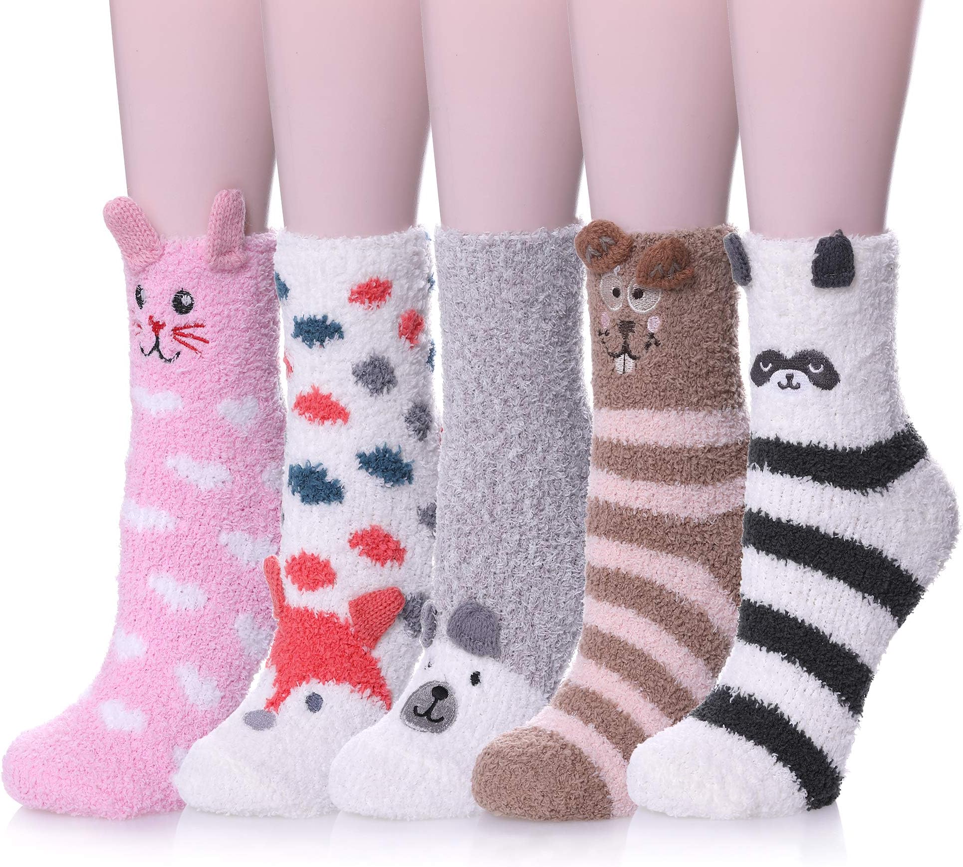 5 Pack Womens Microfiber Sleeping Socks Cute Animal Soft Fuzzy Warm Winter Slipper Socks