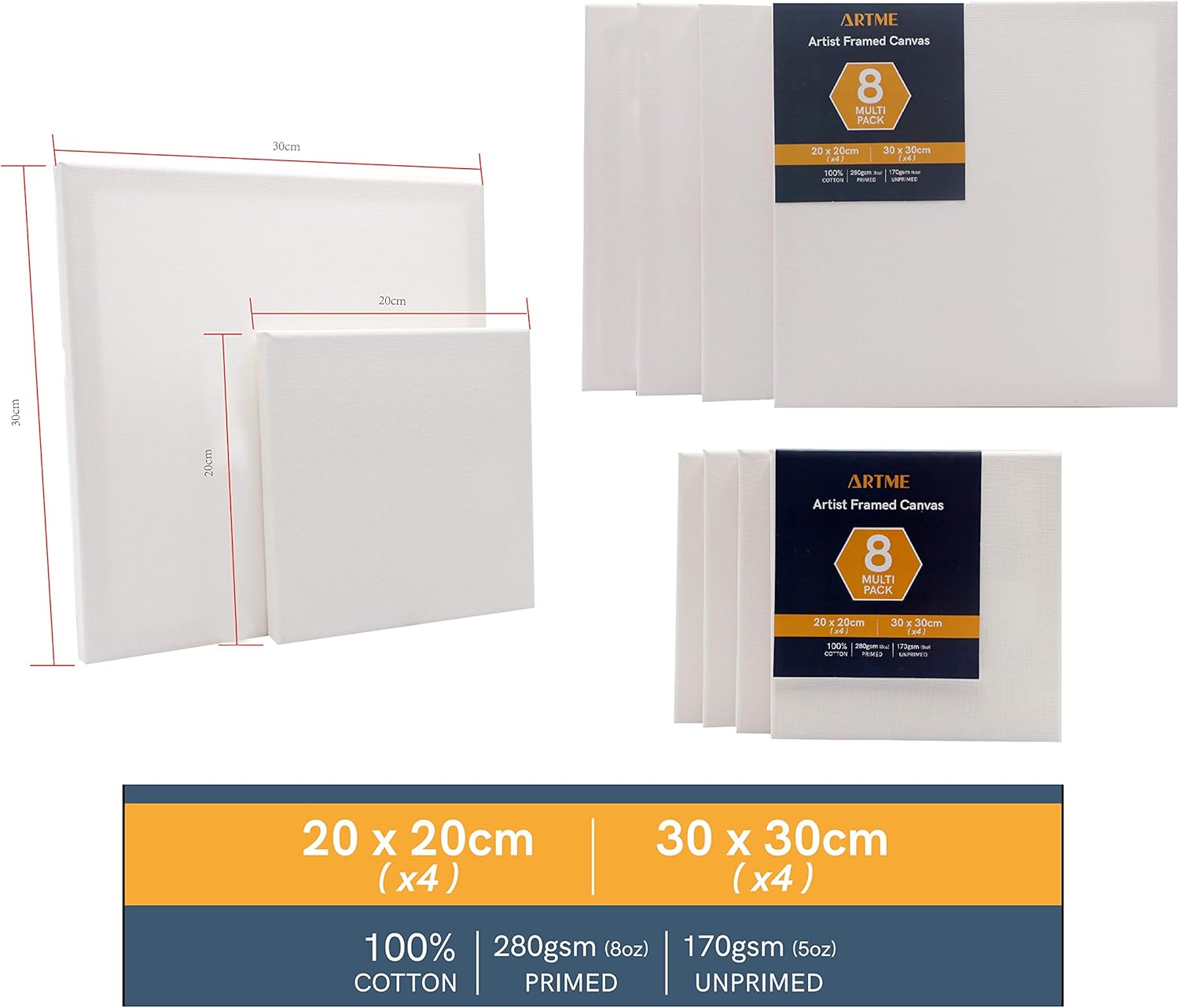 Artme Pre-Stretched Canvas 8pcs, 20x20CM-4pk, 30x30CM-4pk, Artist Framed Square Canvas 1.7cm - Image 4