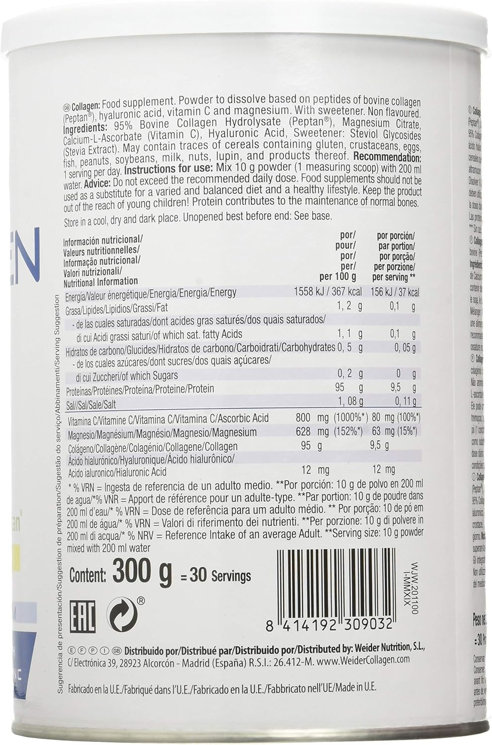 Weider Collagen. with Hyaluronic Acid, Magnesium and Vitamin C. 100% Peptan. Zero Fat. Sugar Zero. Keto, Neutral, 300 g (Pack of 1) - Image 3