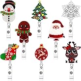 JANYUN 8 Pack Christmas Badge Reels Retractable, Xmas Nurse Badge Holder ID Name Card with Alligator Swivel Clip, Cute Elk Snowman Snowflakes Tree Badge Holder for Nurse Glitter Decorative Metal Clip
