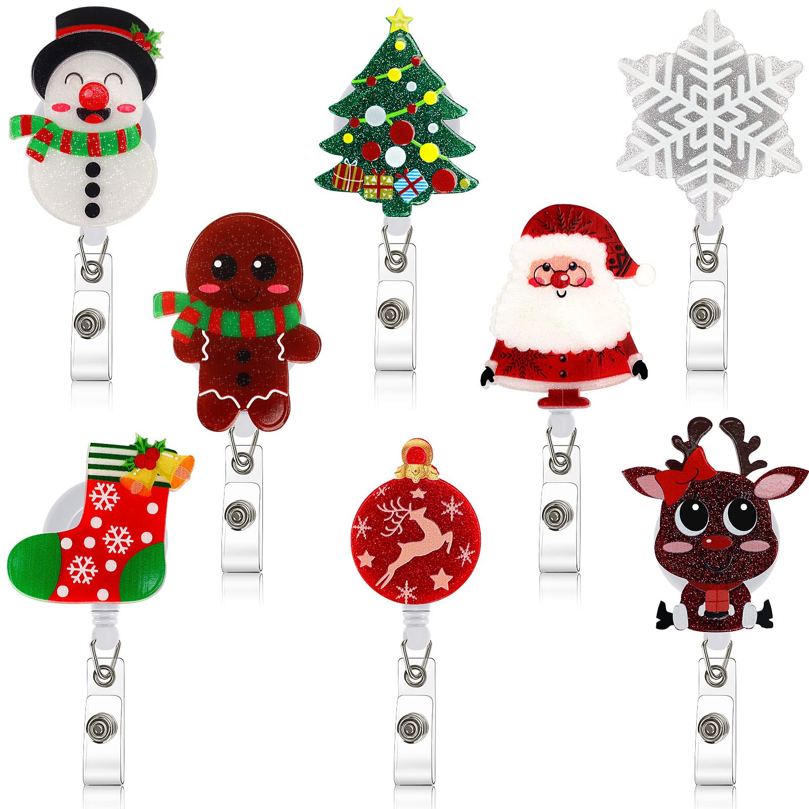 8 Pack Christmas Badge Reels Retractable, Xmas Nurse Badge Holder ID Name Card with Alligator Swivel Clip, Cute Elk Snowman Snowflakes Tree Badge Holder for Nurse Glitter Decorative Metal Clip