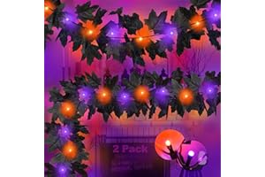 FLYSNK 2 Pack Halloween Decorations Black Leaf Garland with Orange & Purple Lights, Total 13Ft 40 LED Halloween Hanging Artificial Garlands Battery Operated Lights Decor for Home Indoor Outdoor Fireplace