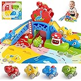 Toddler Toys for 1 2 Year Old Boy Gifts - Educational Dinosaur Slide Set with 4 Color/Number Push Cars and Playmat, Montessori Learning Toy for Baby 12-18 Months, 1st Birthday Present Ages 1-2, Red