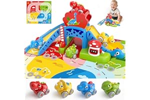 NEHEME Toddler Toys for 1 2 Year Old Boy Gifts - Educational Dinosaur Slide Set with 4 Color/Number Push Cars and Playmat, Montessori Learning Toy for Baby 12-18 Months, 1st Birthday Present Ages 1-2, Red