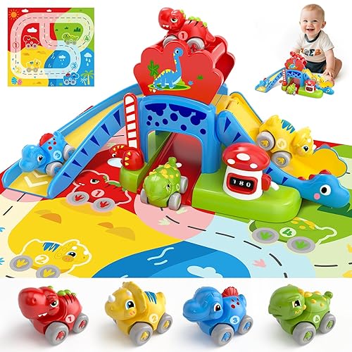 Toddler Toys for 1 2 Year Old Boy Gifts - Educational Dinosaur Slide Set with 4 Color/Number Push Cars and Playmat, Montessori Learning Toy for Baby 12-18 Months, 1st Birthday Present Ages 1-2, Red