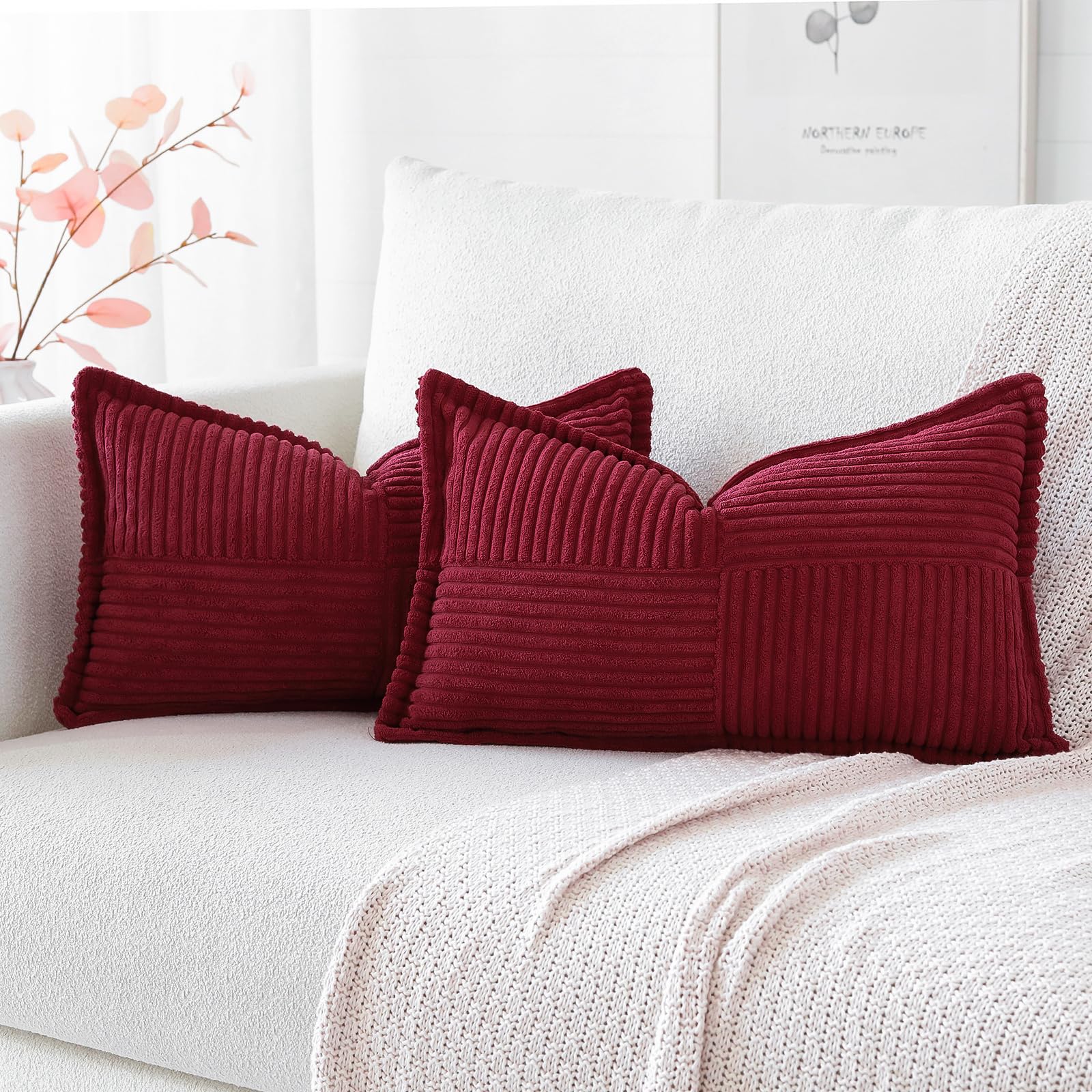 Artscope Corduroy Cushion Covers Pack of 2 Modern Patchwork Throw Pillow Covers Soft Pillowcase Broadside Decorative Textured Cushions for Home decor Sofa Bedroom Couch Wine Red 40x60cm
